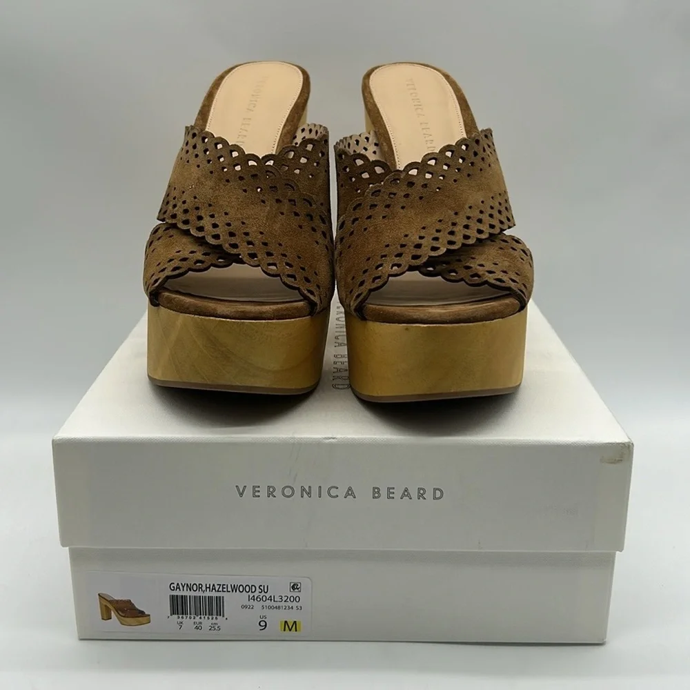 Veronica Beard Gaynor Platform Mules Women’s 9 Brown Suede Laser Cut Wooden Heel